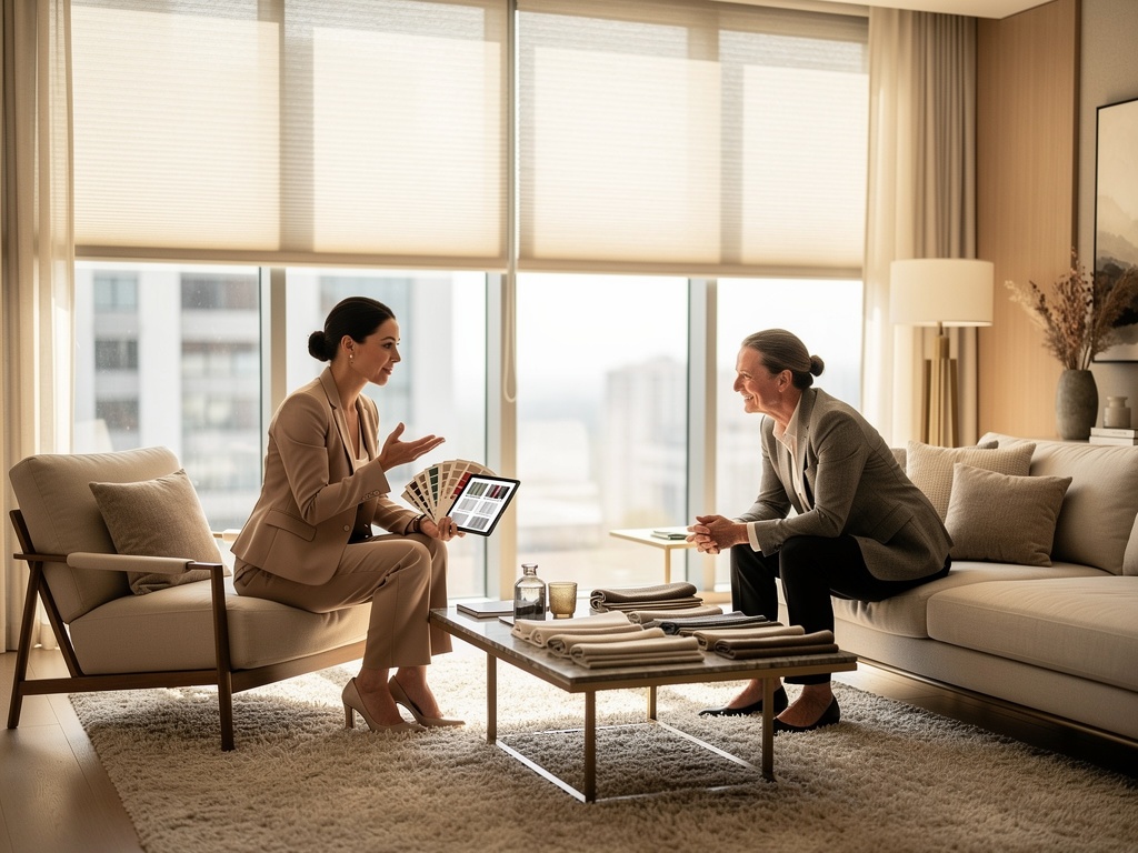 Friendly in-home consultation about custom window treatments — Peak Light Studio