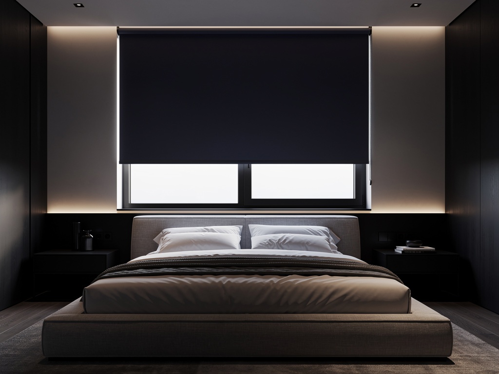 Blackout roller shades in a luxury master bedroom