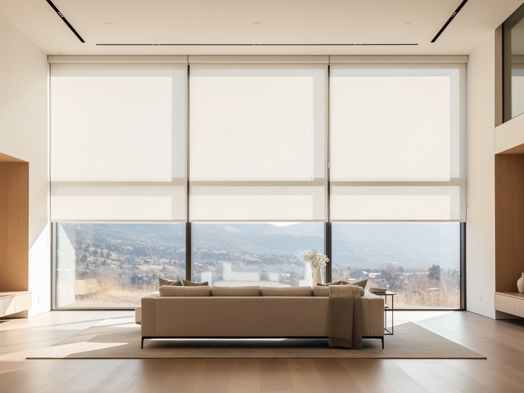 Clean modern roller shades on floor-to-ceiling windows