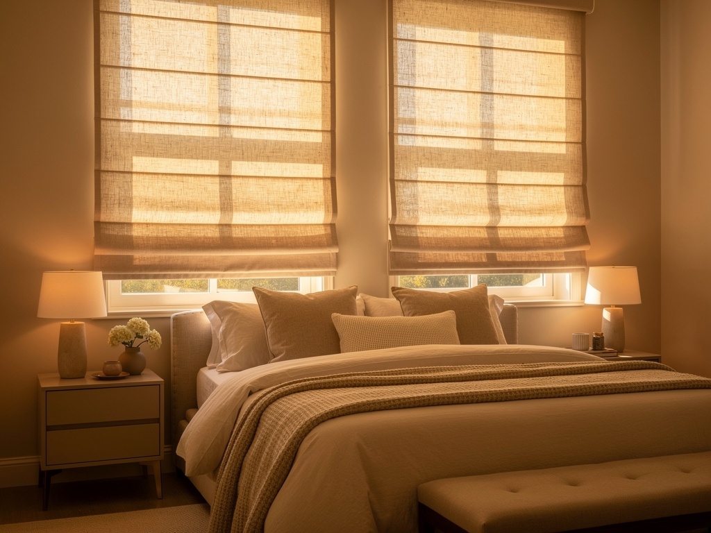 Elegant fabric Roman shades in a warm bedroom