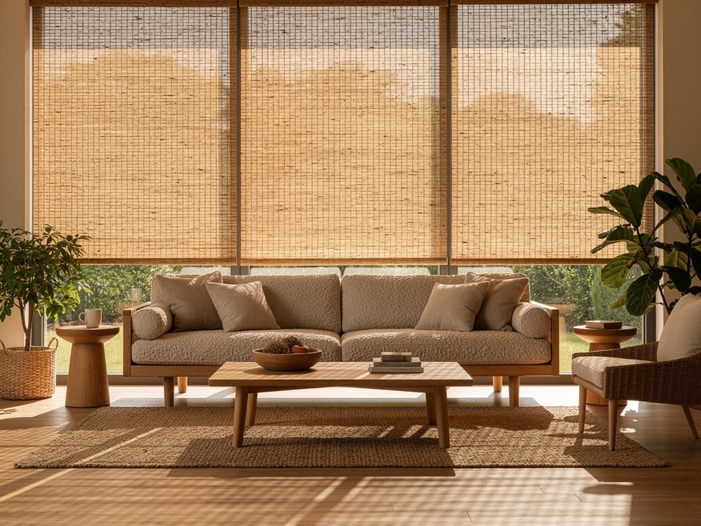 Woven wood shades in a contemporary living room
