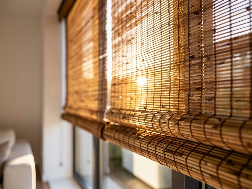 Natural woven wood bamboo shades with organic texture